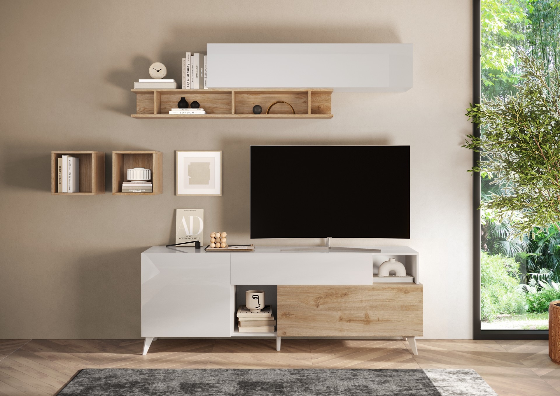 TV-alus Monaco, Cadizi tamm/valge kõrgläige 01K / AM-209075-01K