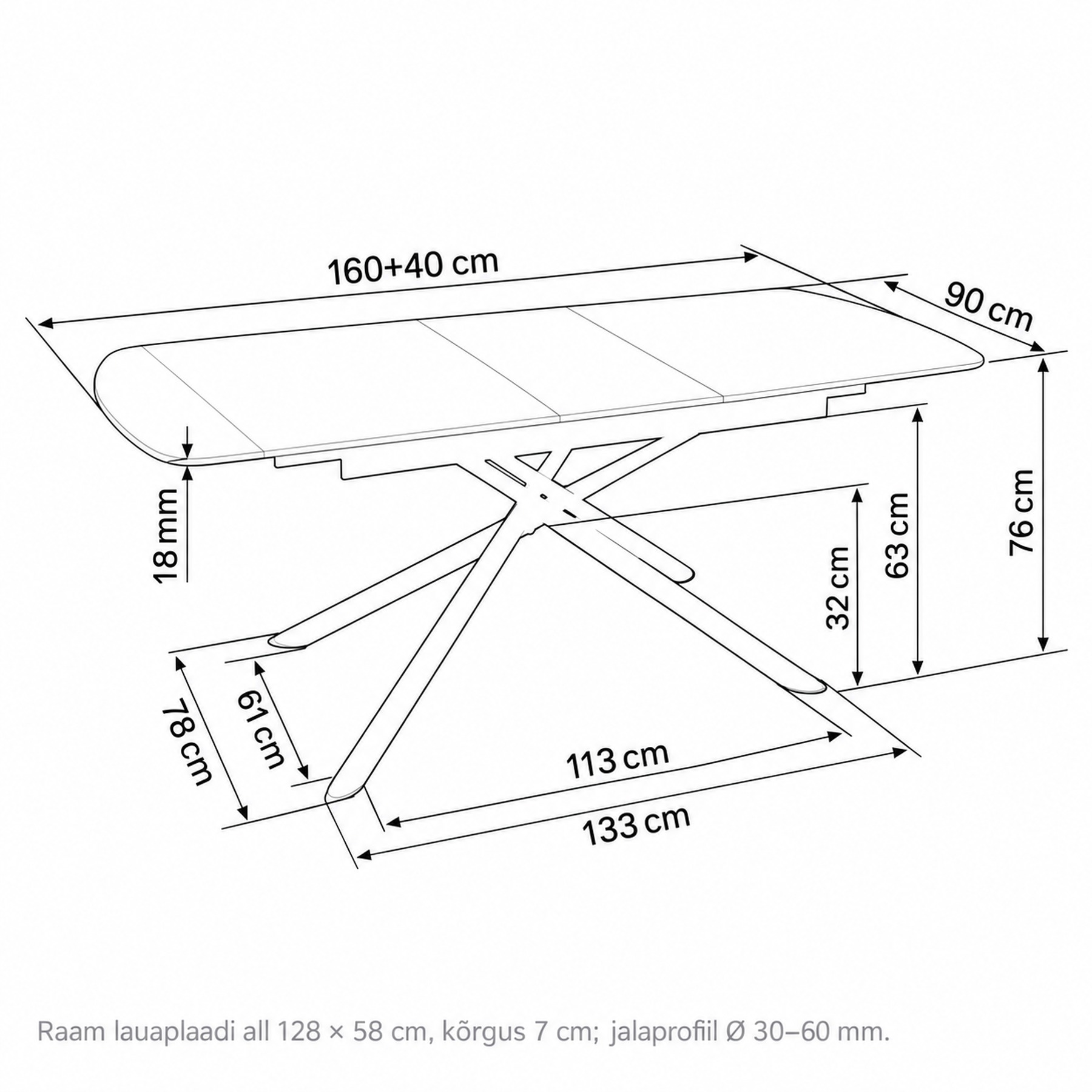 Pikendatava söögilaua Rasmus mõõdud 160 kuni 200 × 90 cm