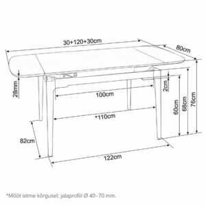 Pikendatava söögilaua Siim mõõdud 120 kuni 180 × 80 cm