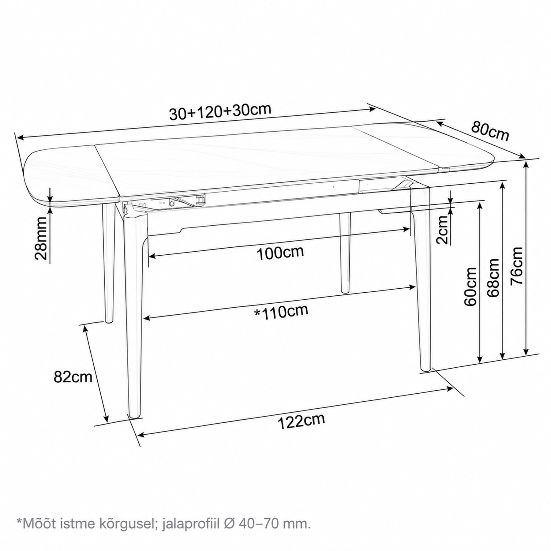 Pikendatava söögilaua Siim mõõdud 120 kuni 180 × 80 cm