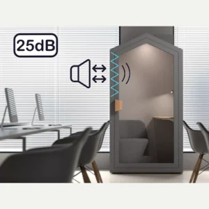 Akustiline töökabiin Lunera Helehall 25 dB mürasummutuse infograafikul