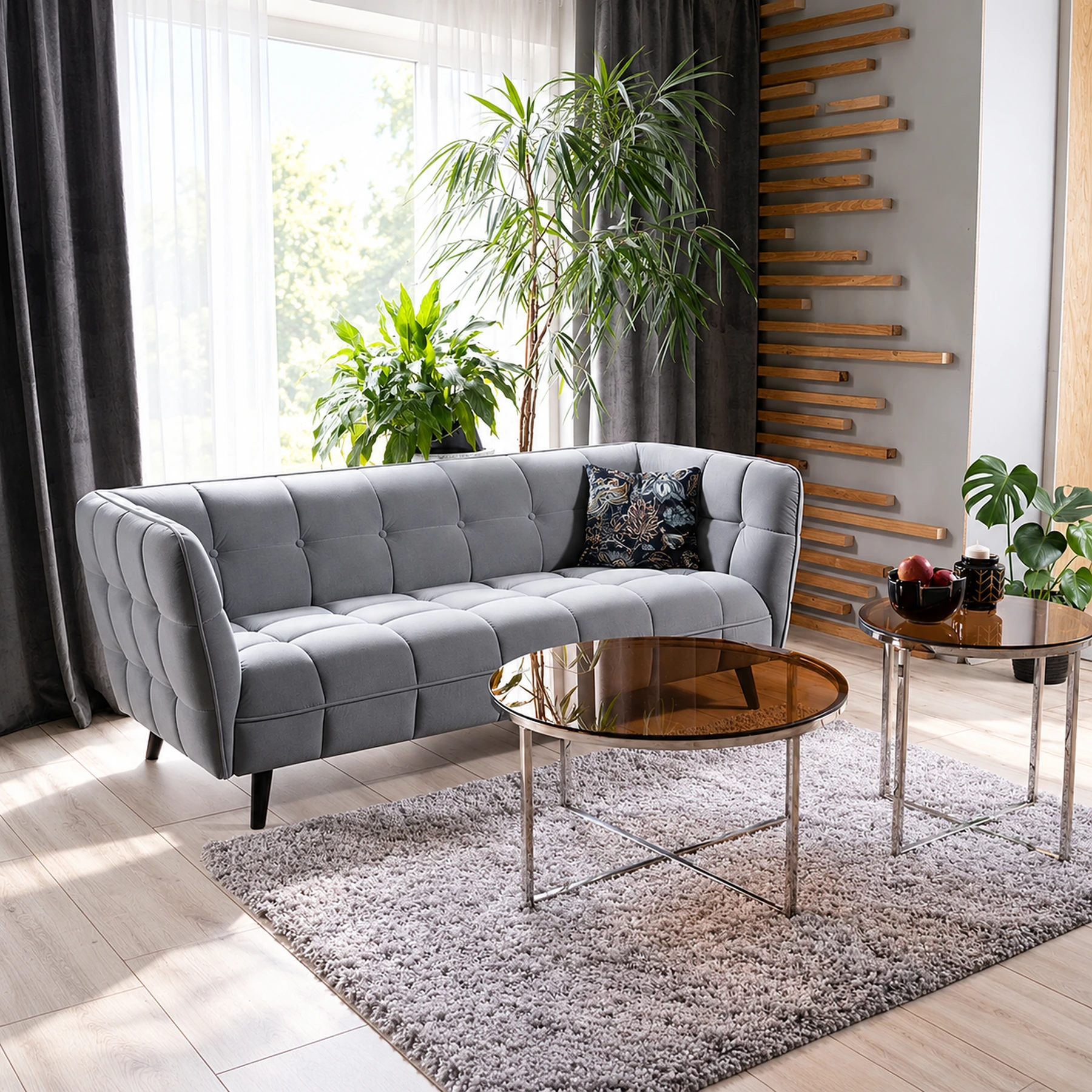 Kolmekohaline sametdiivan Castello Hall terviklikult avaras lounge-interjööris