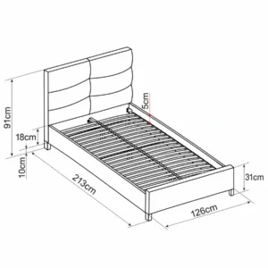 Polsterdatud voodi Lumeria Helehall 120 × 200 cm voodi mõõdujoonis